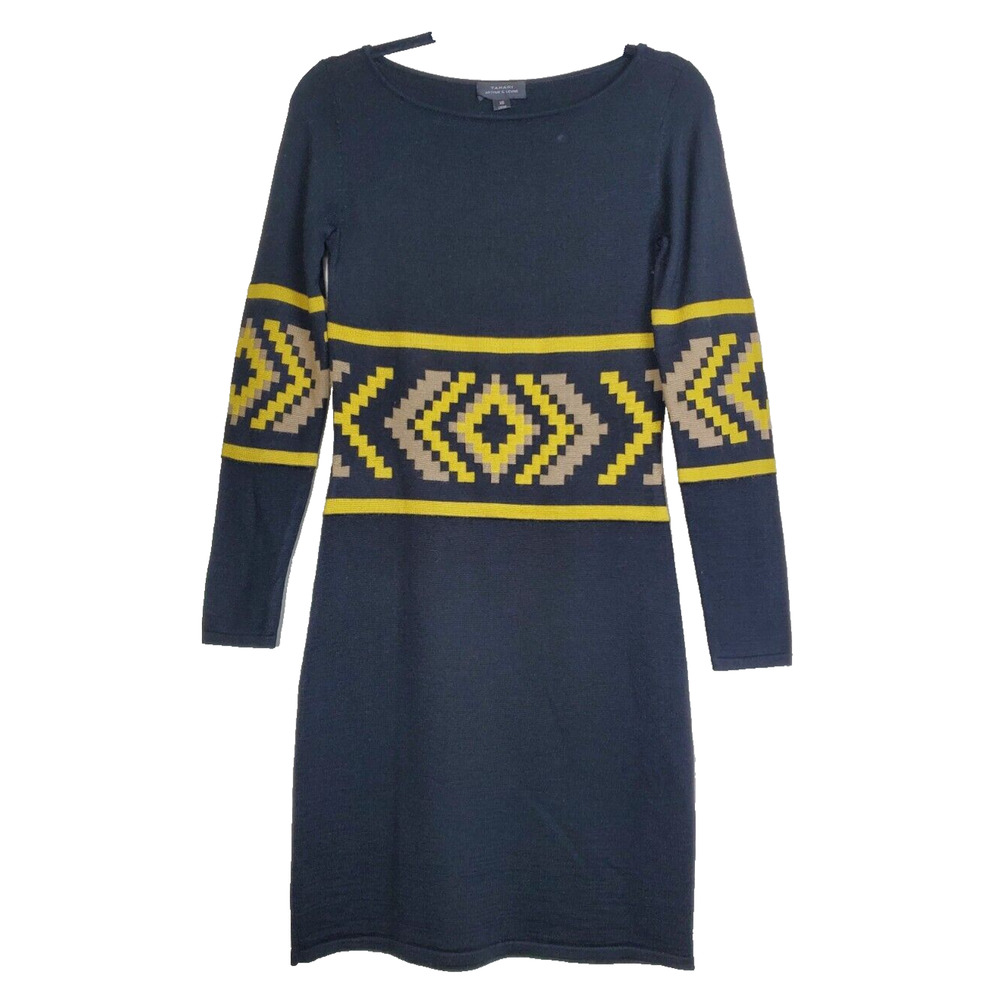 Tahari Womens XS Wool Knit Long Sleeve Tunic Sweater Dress‎ Black Aztec Print